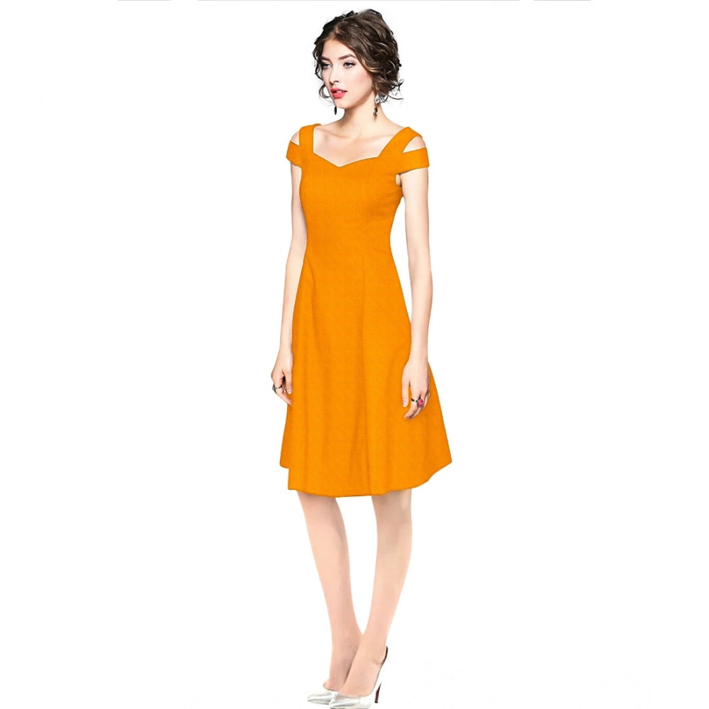 Generic Women's Polyester Solid V Neck Cap Sleeve off Shoulder Dress (Yellow)