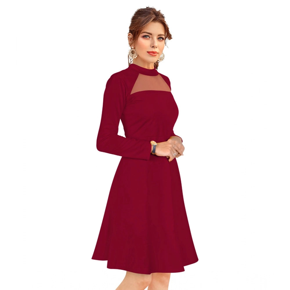 Generic Women's Knitting stretchable Solid Round Neck Full Sleeve Dress (Maroon)