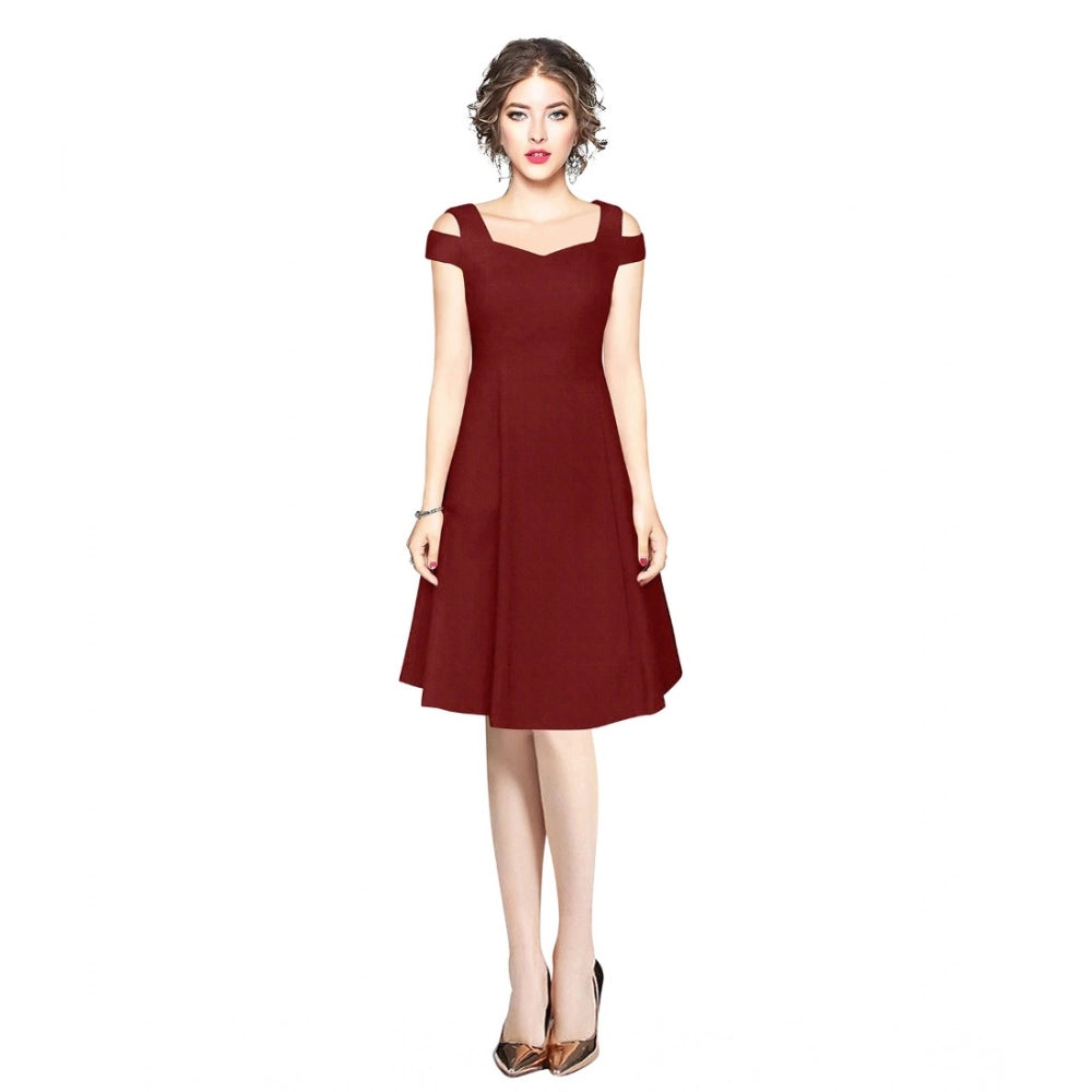 Generic Women's Polyester Solid V Neck Cap Sleeve off Shoulder Dress (Maroon)