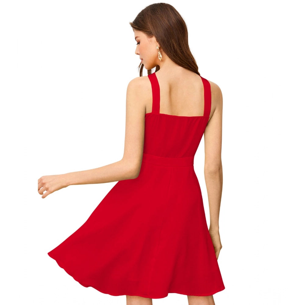 Generic Women's Knitting stretchable Solid Halter Neck Sleeveless Dress (Red )