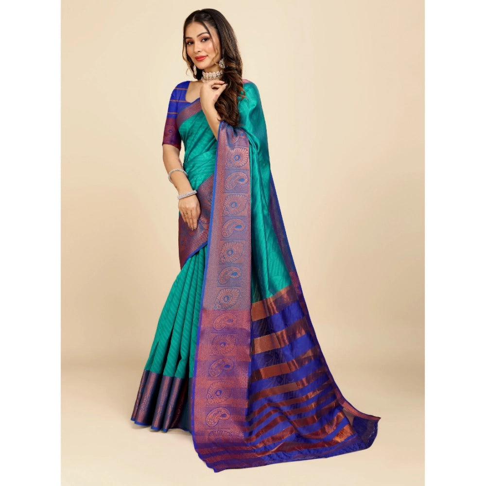 Generic Women's Organza Woven Saree With Unstitched Blouse (Green-Blue, 5.5Mtrs)