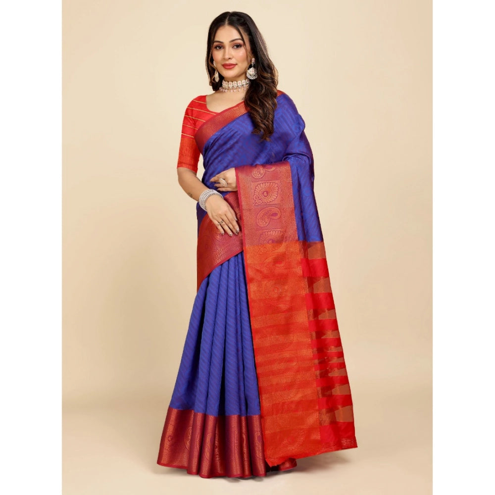 Generic Women's Organza Woven Saree With Unstitched Blouse (Blue, 5.5Mtrs)