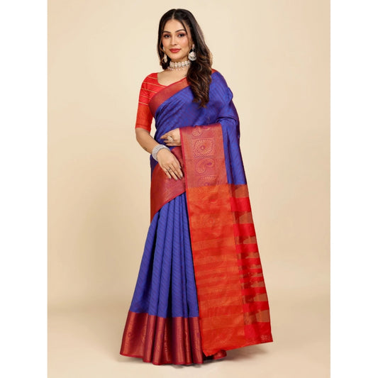 Generic Women's Organza Woven Saree With Unstitched Blouse (Blue, 5.5Mtrs)