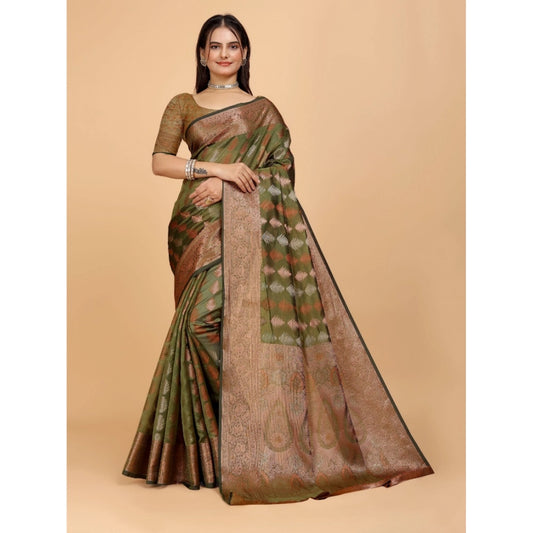 Generic Women's Organza Woven Saree With Unstitched Blouse (Green, 5.5Mtrs)