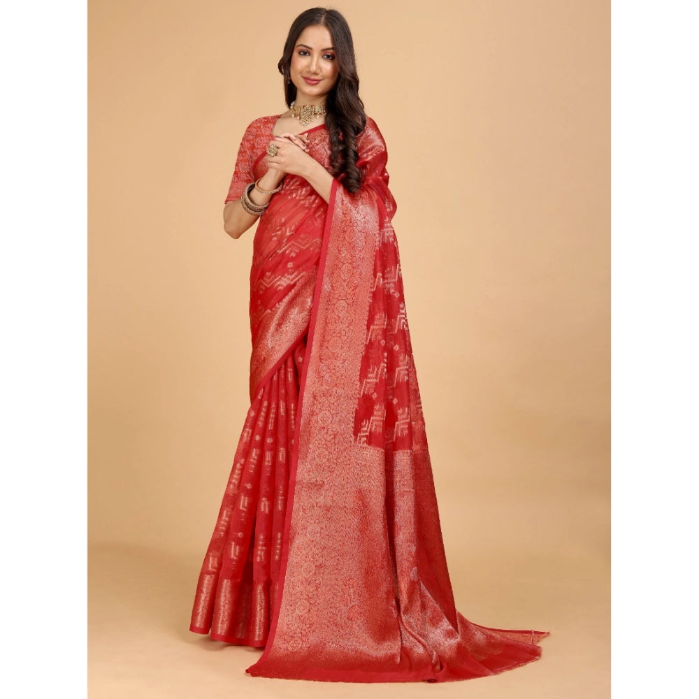 Generic Women's Organza Woven Saree With Unstitched Blouse (Red, 5.5Mtrs)
