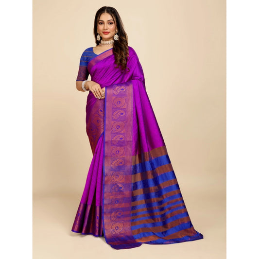 Generic Women's Organza Woven Saree With Unstitched Blouse (Purple, 5.5Mtrs)