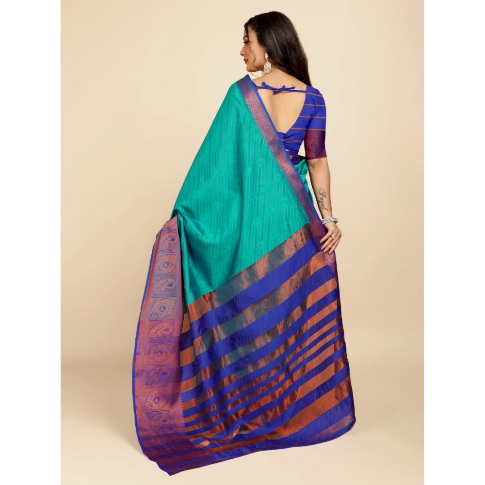 Generic Women's Organza Woven Saree With Unstitched Blouse (Green-Blue, 5.5Mtrs)