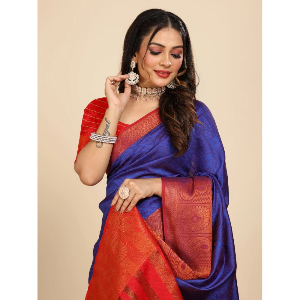Generic Women's Organza Woven Saree With Unstitched Blouse (Blue, 5.5Mtrs)