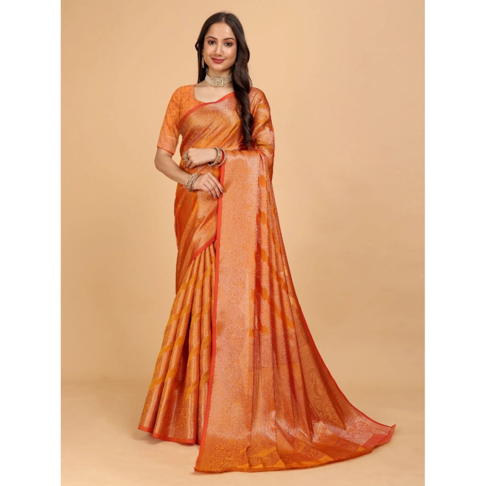 Generic Women's Organza Woven Saree With Unstitched Blouse (Orange, 5.5Mtrs)