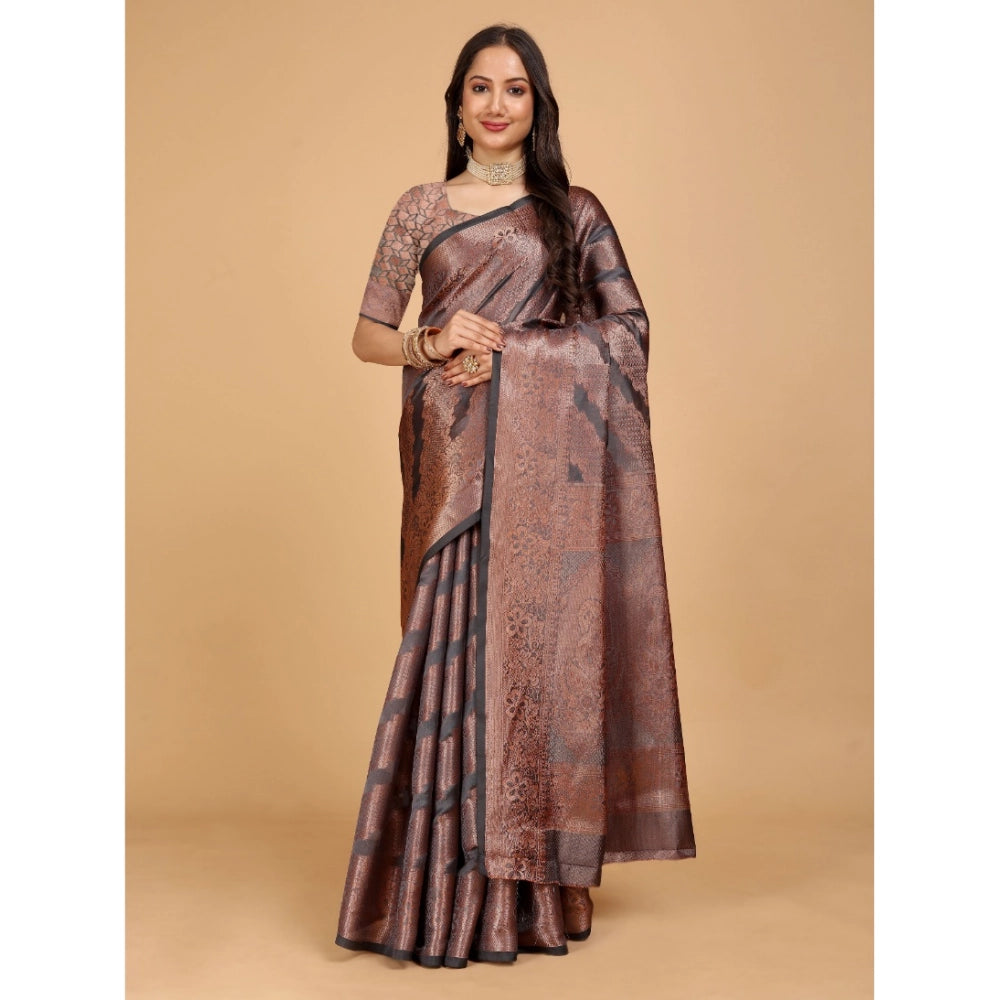 Generic Women's Organza Woven Saree With Unstitched Blouse (Grey, 5.5Mtrs)