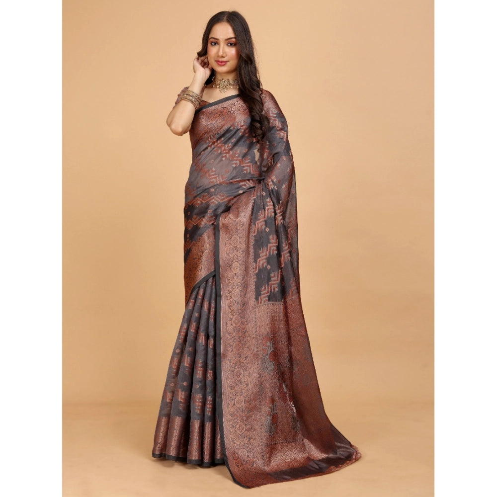 Generic Women's Organza Woven Saree With Unstitched Blouse (Brown, 5.5Mtrs)