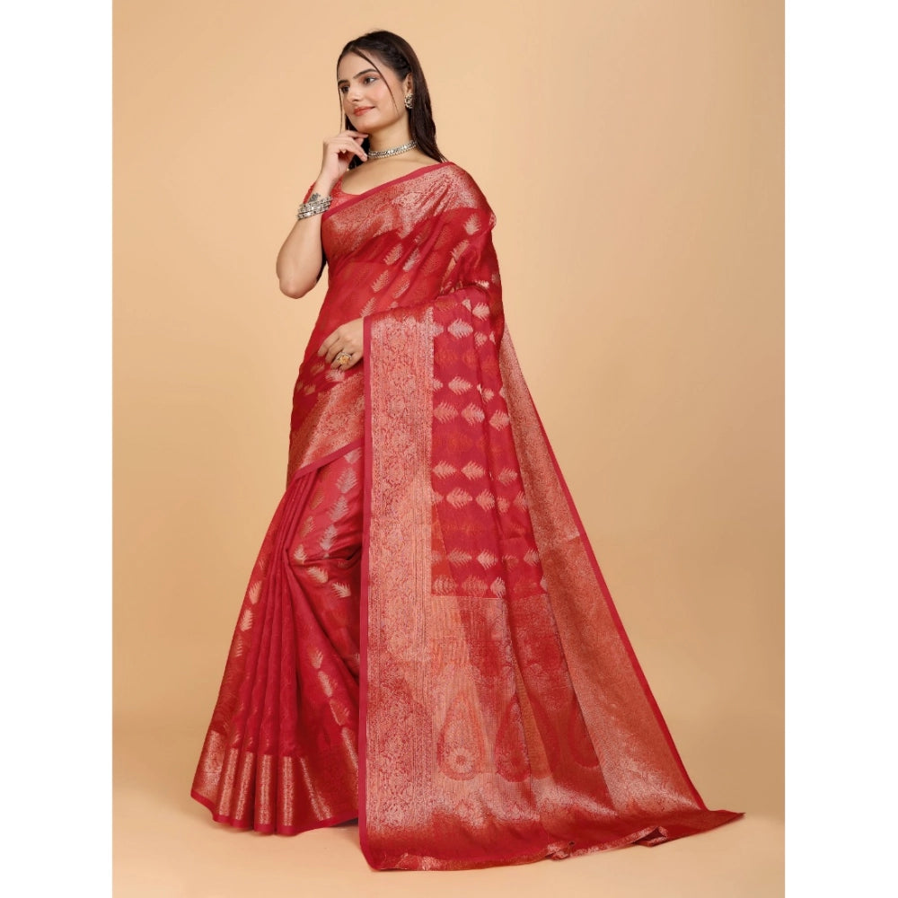 Generic Women's Organza Woven Saree With Unstitched Blouse (Red, 5.5Mtrs)