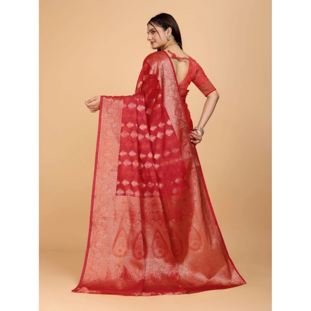 Generic Women's Organza Woven Saree With Unstitched Blouse (Red, 5.5Mtrs)