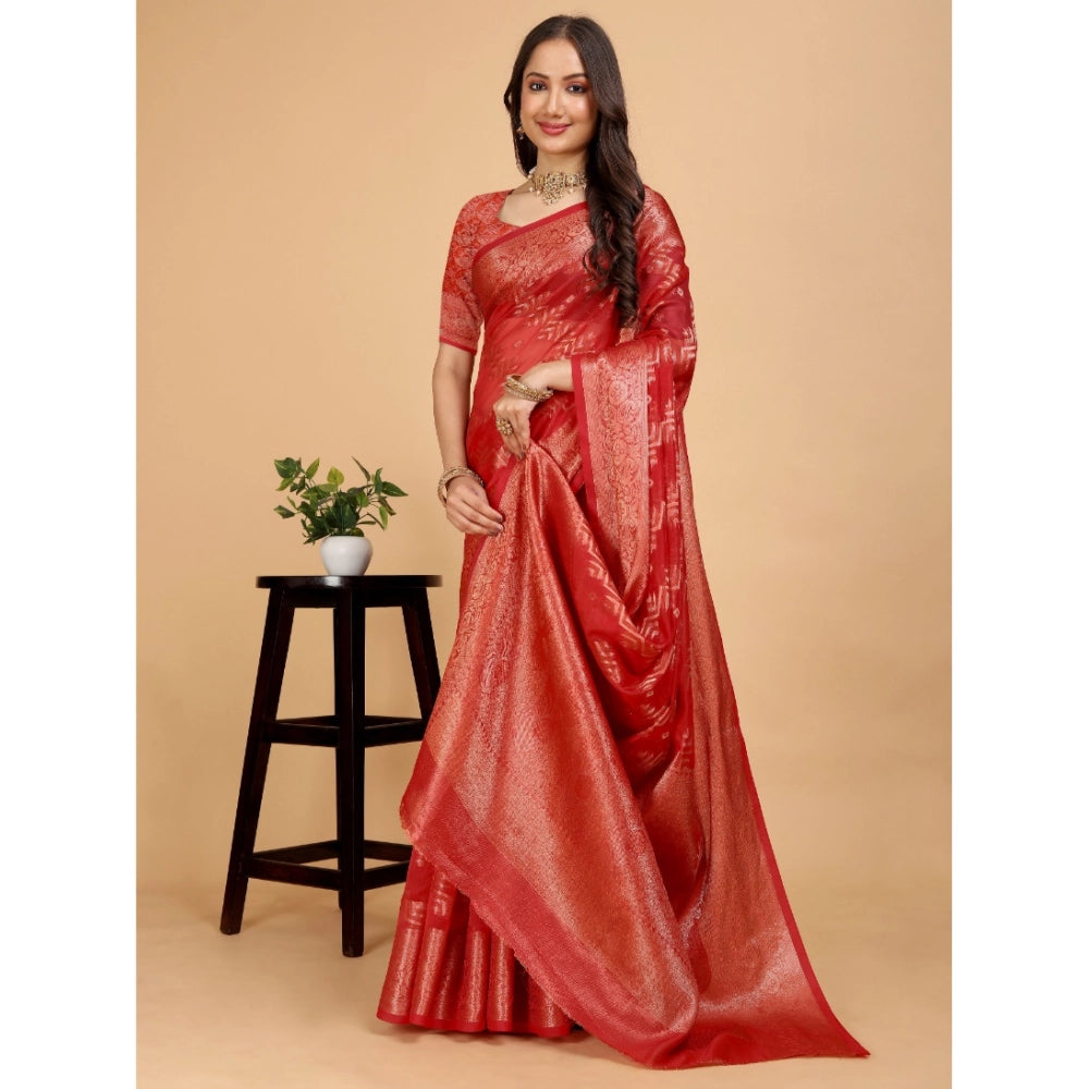 Generic Women's Organza Woven Saree With Unstitched Blouse (Red, 5.5Mtrs)