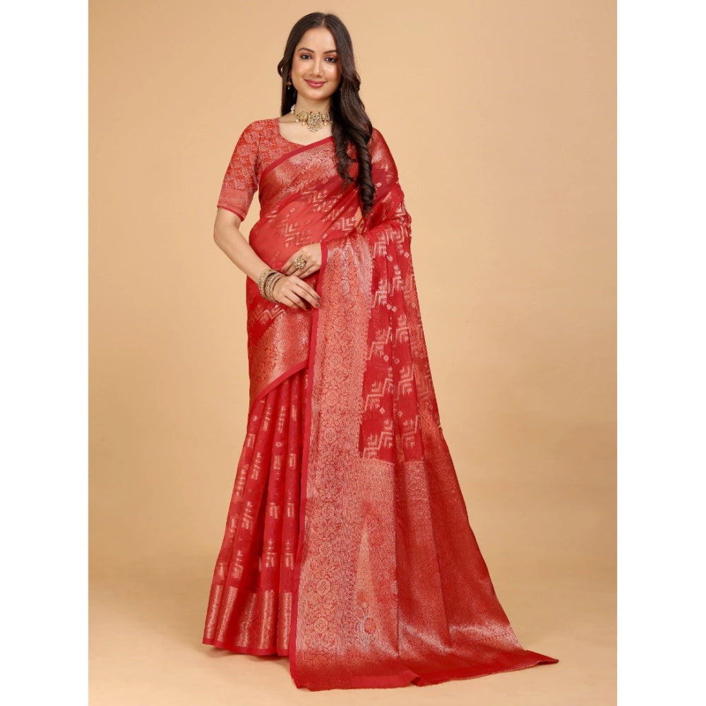 Generic Women's Organza Woven Saree With Unstitched Blouse (Red, 5.5Mtrs)