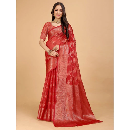 Generic Women's Organza Woven Saree With Unstitched Blouse (Red, 5.5Mtrs)