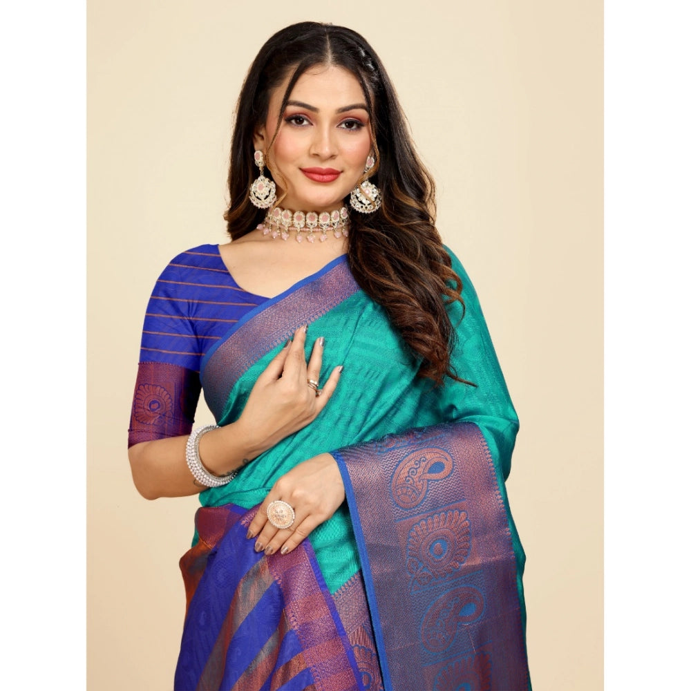 Generic Women's Organza Woven Saree With Unstitched Blouse (Green-Blue, 5.5Mtrs)