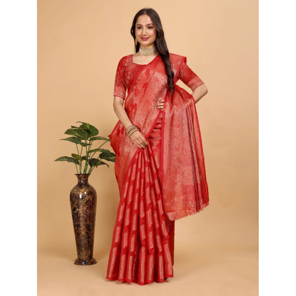 Generic Women's Organza Woven Saree With Unstitched Blouse (Red, 5.5Mtrs)