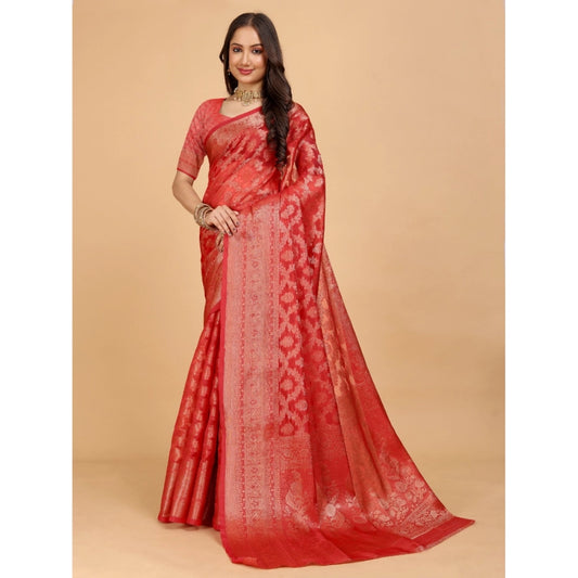 Generic Women's Organza Woven Saree With Unstitched Blouse (Red, 5.5Mtrs)