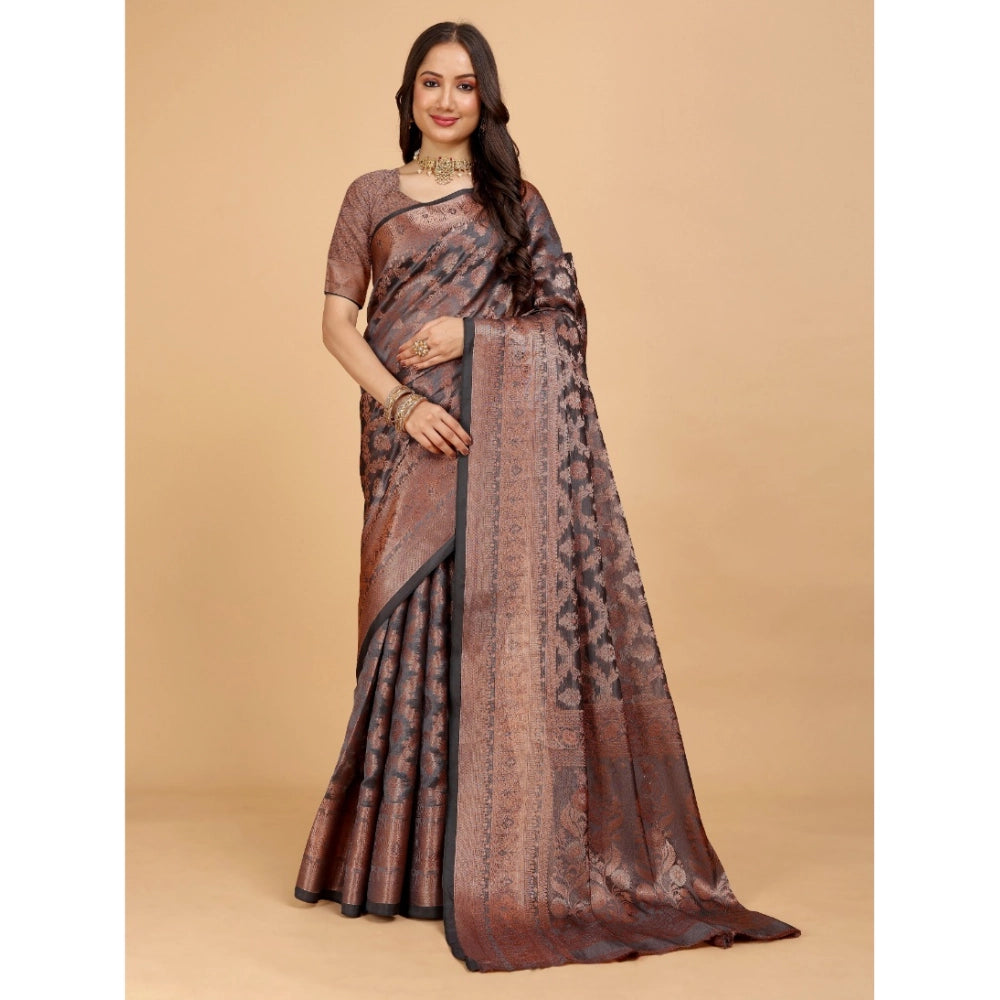 Generic Women's Organza Woven Saree With Unstitched Blouse (Brown, 5.5Mtrs)