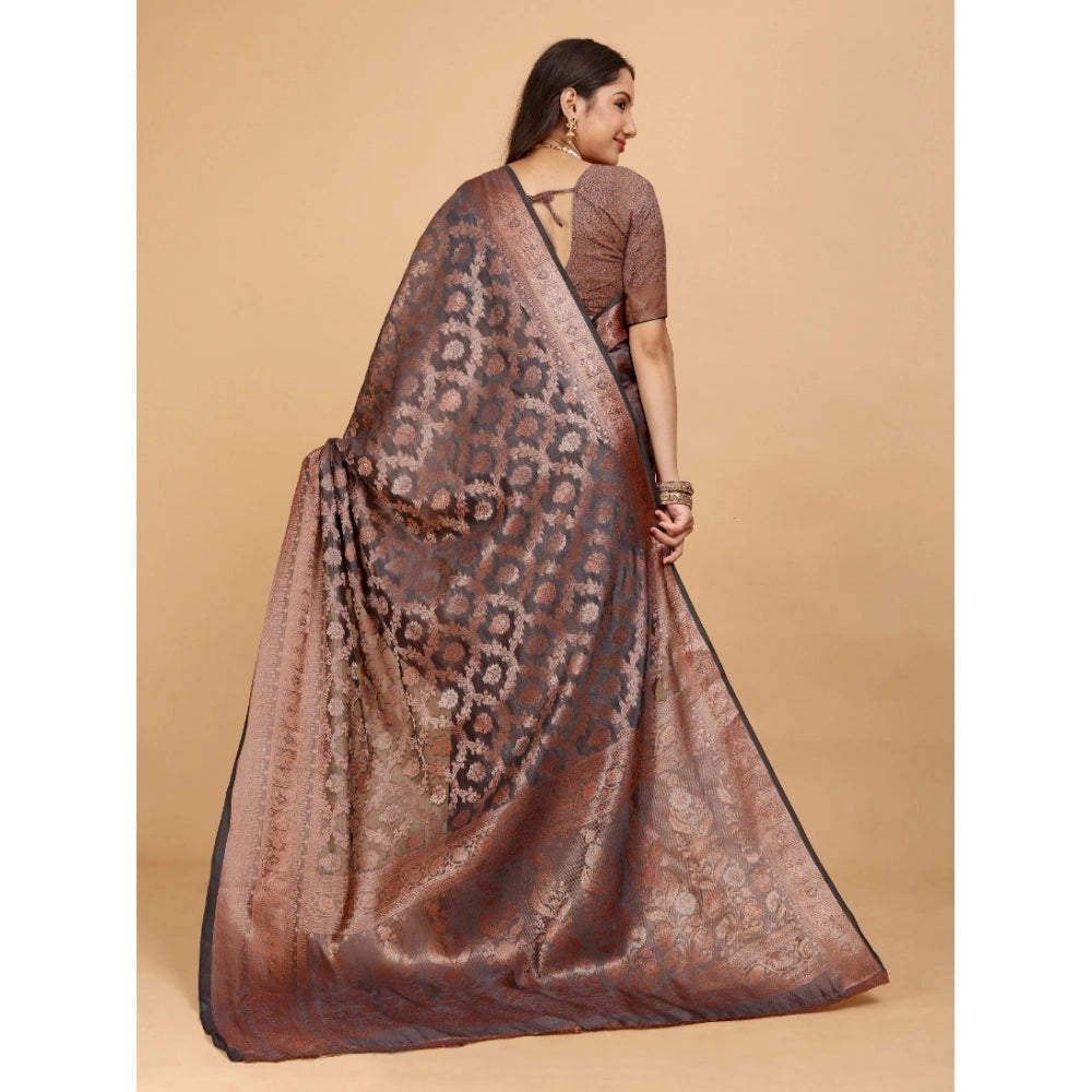 Generic Women's Organza Woven Saree With Unstitched Blouse (Brown, 5.5Mtrs)