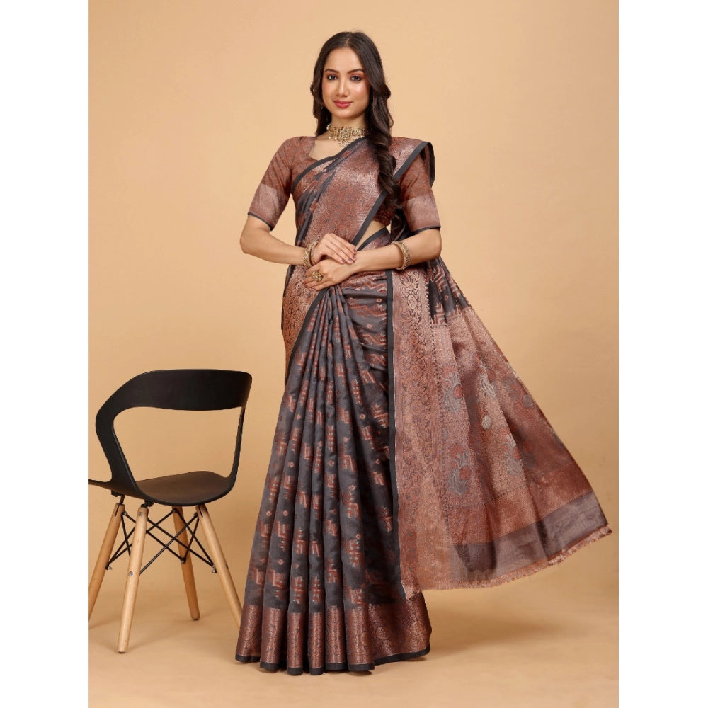 Generic Women's Organza Woven Saree With Unstitched Blouse (Brown, 5.5Mtrs)