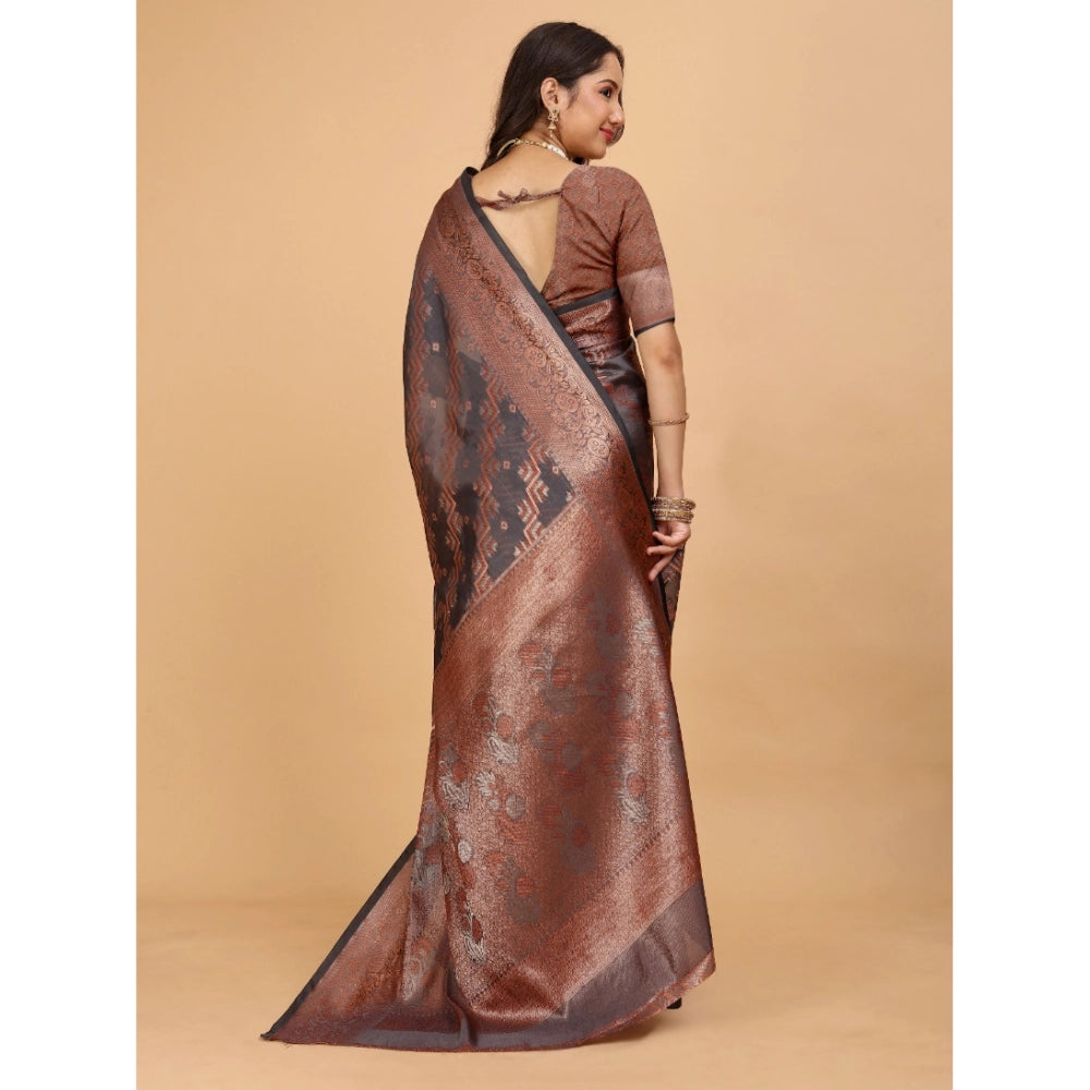 Generic Women's Organza Woven Saree With Unstitched Blouse (Brown, 5.5Mtrs)