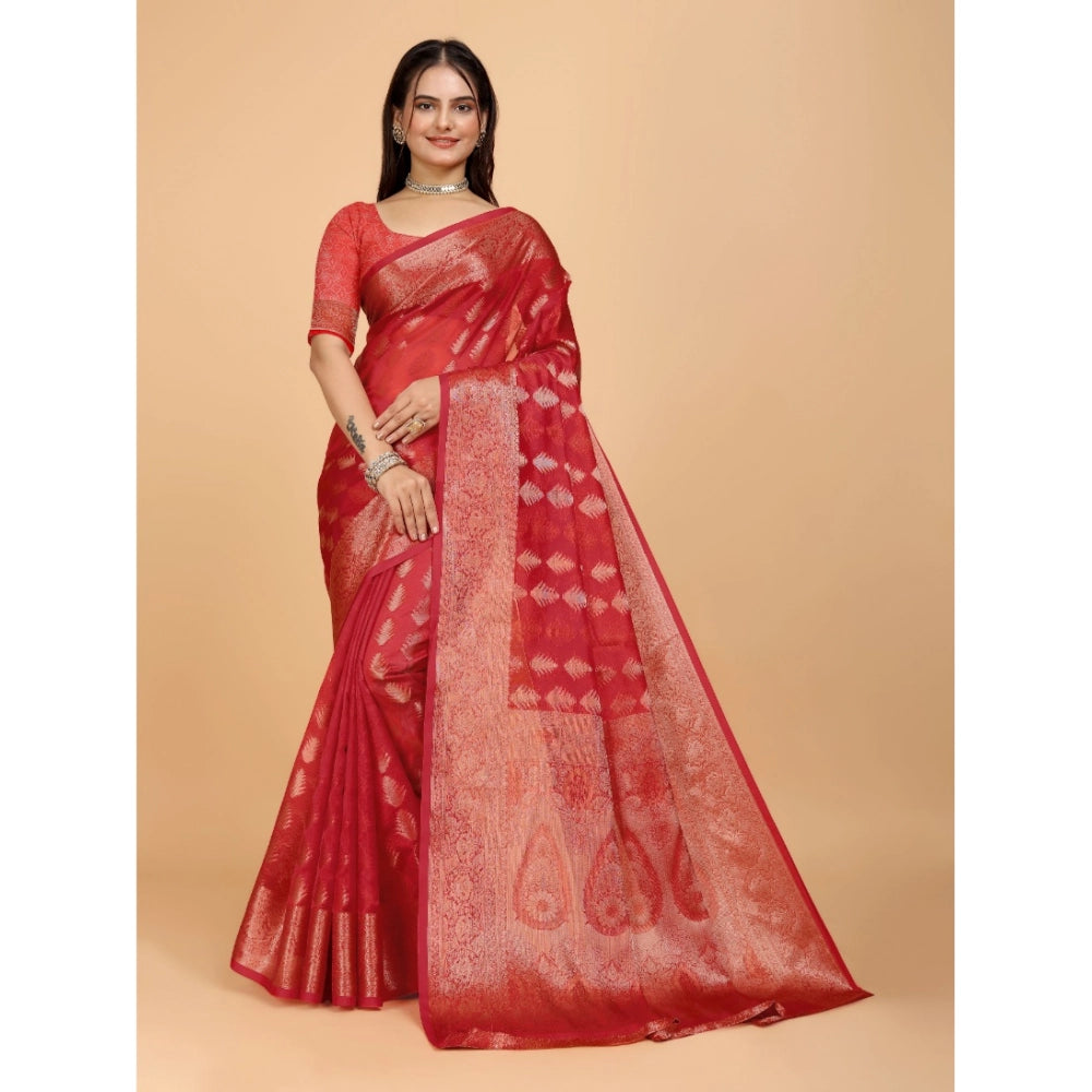 Generic Women's Organza Woven Saree With Unstitched Blouse (Red, 5.5Mtrs)