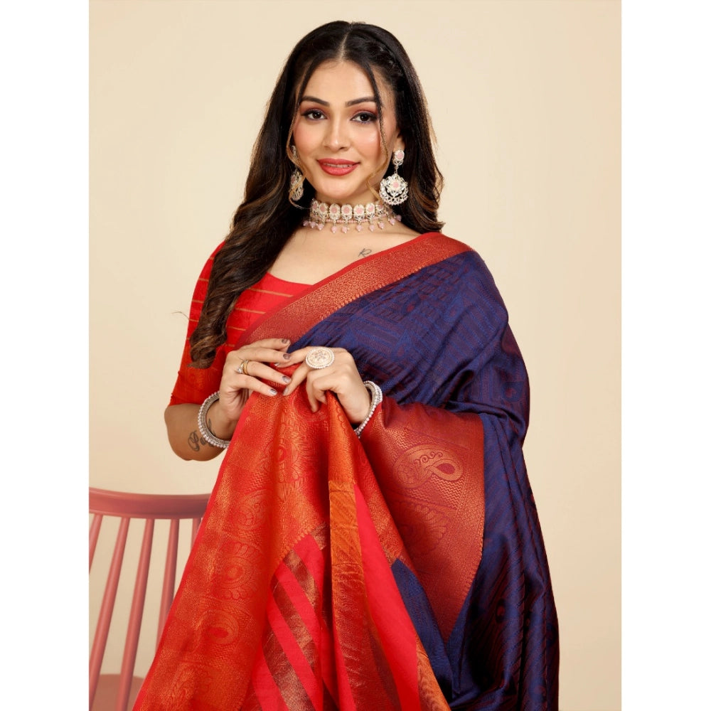 Generic Women's Organza Woven Saree With Unstitched Blouse (Dark Blue, 5.5Mtrs)
