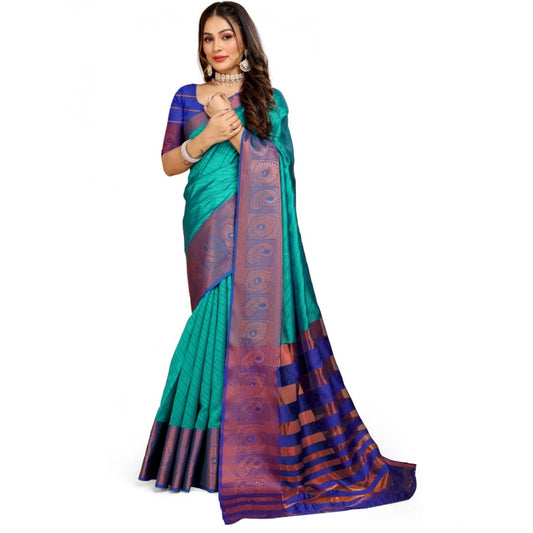 Generic Women's Organza Woven Saree With Unstitched Blouse (Green-Blue, 5.5Mtrs)