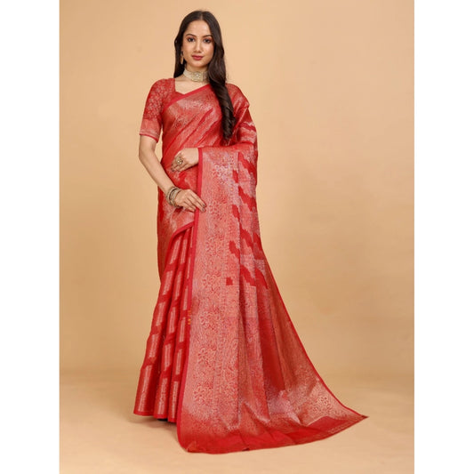 Generic Women's Organza Woven Saree With Unstitched Blouse (Red, 5.5Mtrs)