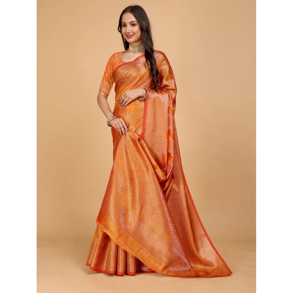 Generic Women's Organza Woven Saree With Unstitched Blouse (Orange, 5.5Mtrs)