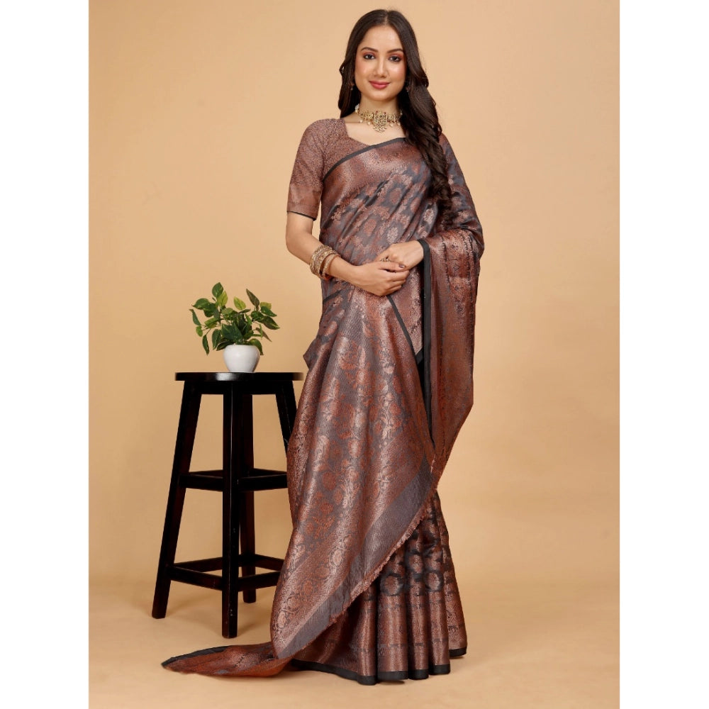 Generic Women's Organza Woven Saree With Unstitched Blouse (Brown, 5.5Mtrs)