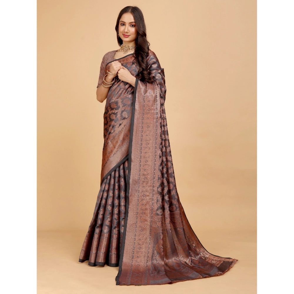 Generic Women's Organza Woven Saree With Unstitched Blouse (Brown, 5.5Mtrs)