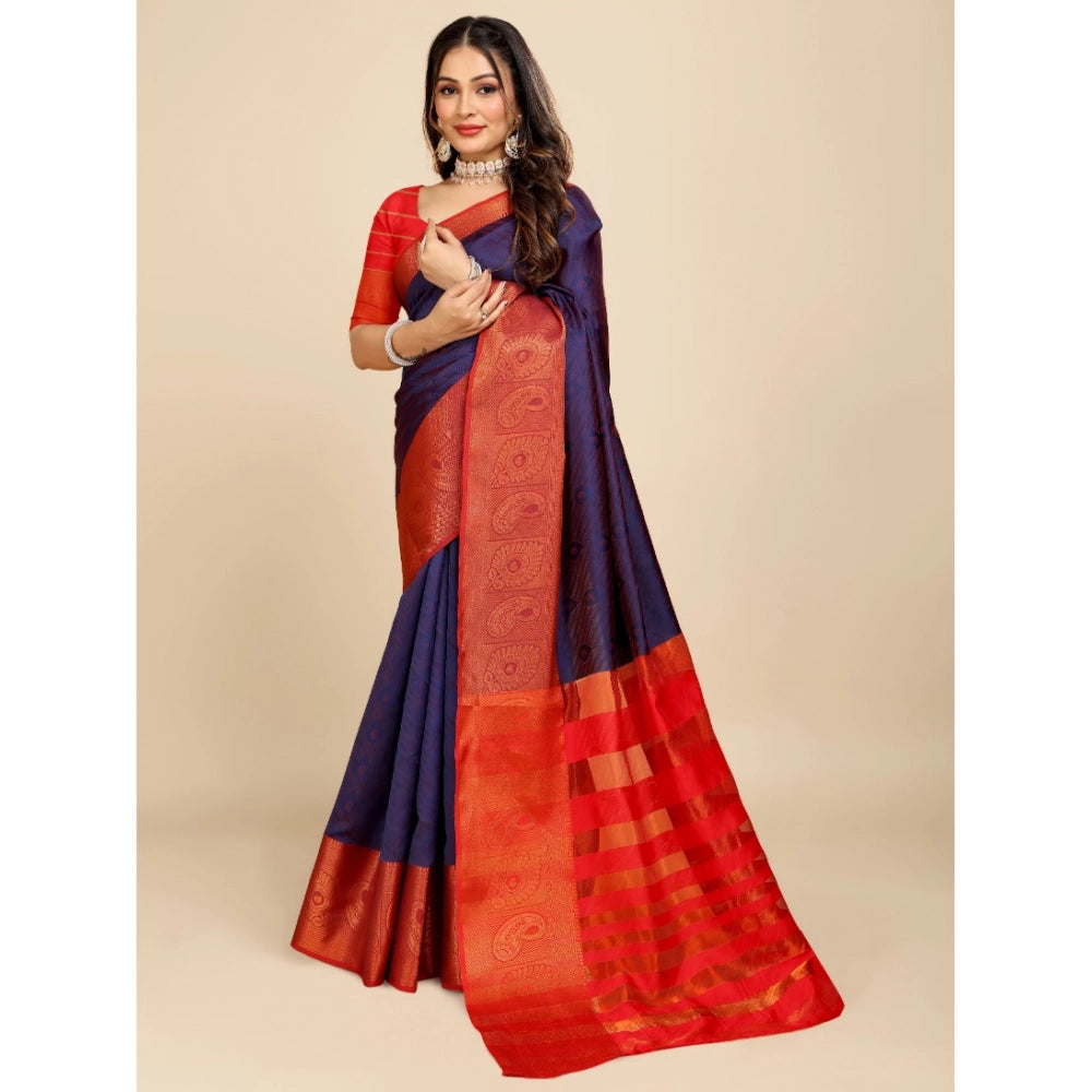 Generic Women's Organza Woven Saree With Unstitched Blouse (Dark Blue, 5.5Mtrs)