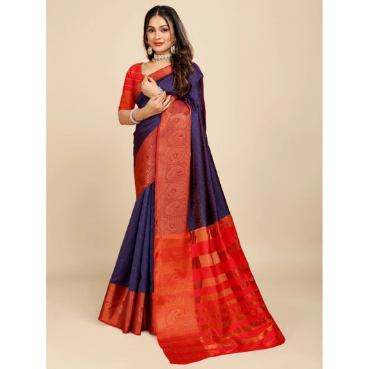 Generic Women's Organza Woven Saree With Unstitched Blouse (Dark Blue, 5.5Mtrs)
