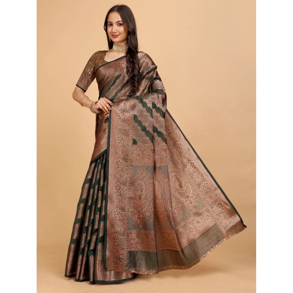Generic Women's Organza Woven Saree With Unstitched Blouse (Dark Green, 5.5Mtrs)