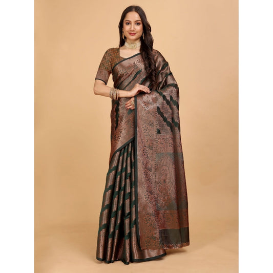 Generic Women's Organza Woven Saree With Unstitched Blouse (Dark Green, 5.5Mtrs)