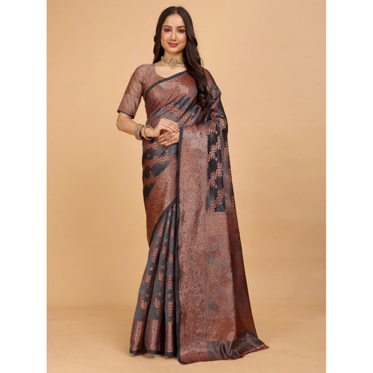 Generic Women's Organza Woven Saree With Unstitched Blouse (Brown, 5.5Mtrs)
