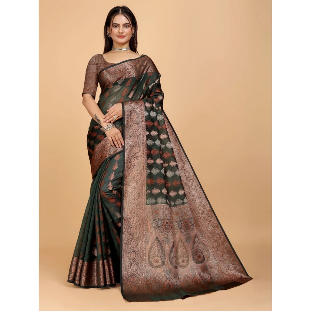Generic Women's Organza Woven Saree With Unstitched Blouse (Dark Green, 5.5Mtrs)