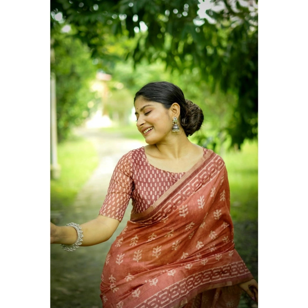 Generic Women's Cotton Printed Saree With Unstitched Blouse (Orange, 5.5 Mtr)