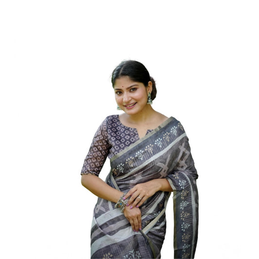 Generic Women's Cotton Printed Saree With Unstitched Blouse (Grey, 5.5 Mtr)