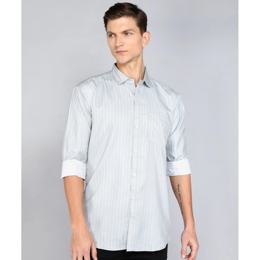 Generic Men's Casual Viscose Rayon Striped Full Sleeve Collar Shirt (Grey)