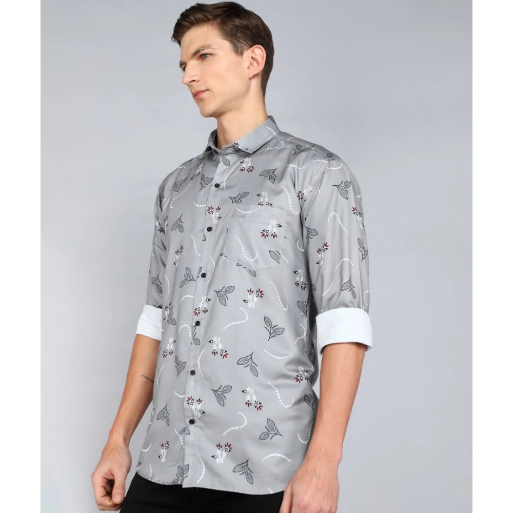 Generic Men's Casual Viscose Rayon Printed Full Sleeve Collar Shirt (Grey)