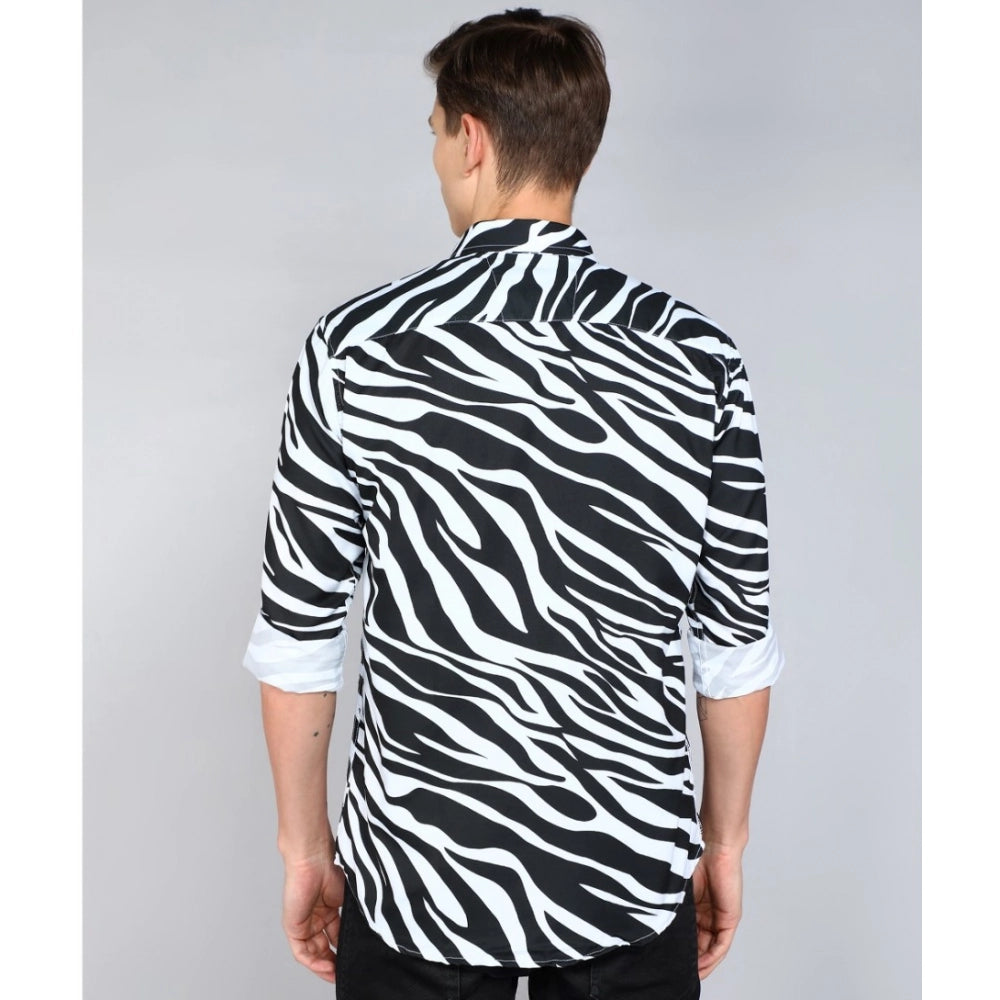 Generic Men's Casual Viscose Rayon Striped Full Sleeve Collar Shirt (Black-White)