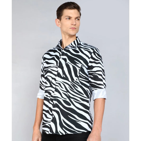 Generic Men's Casual Viscose Rayon Striped Full Sleeve Collar Shirt (Black-White)