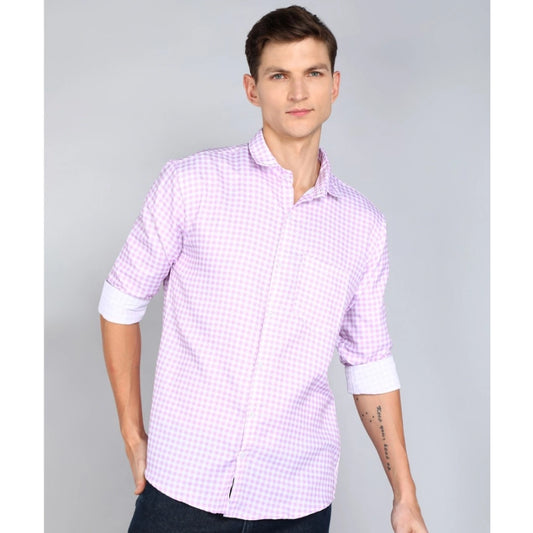 Generic Men's Casual Viscose Rayon Checkered Full Sleeve Collar Shirt (Purple-White)