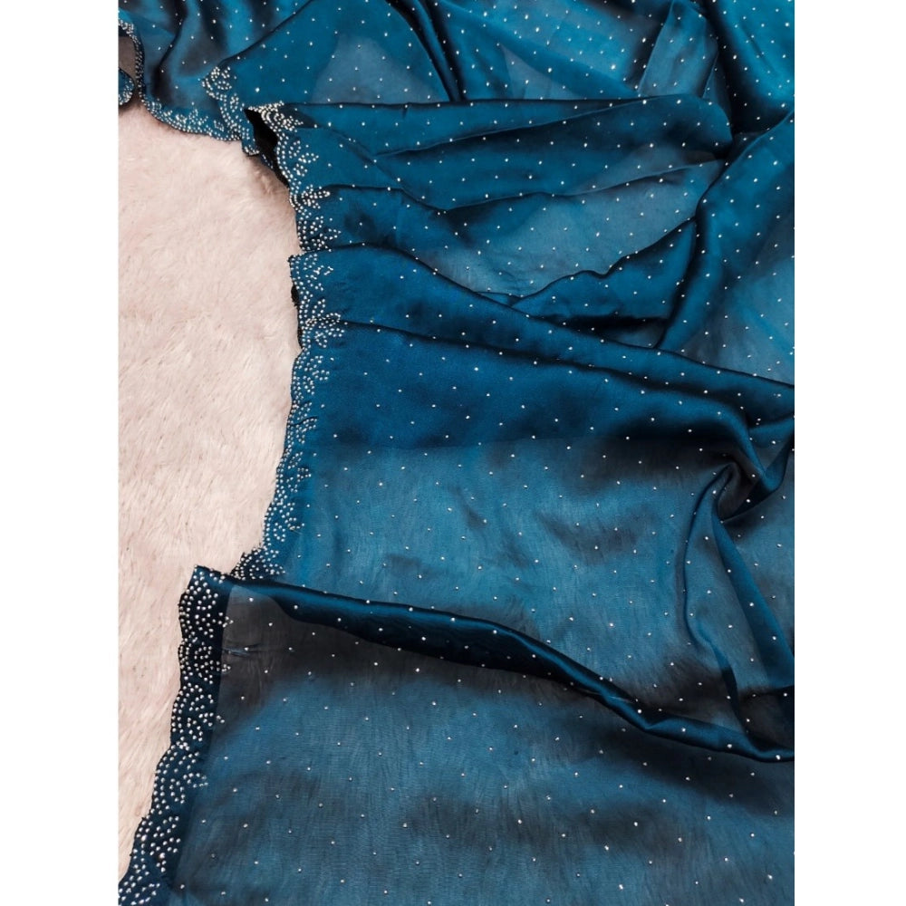 Generic Women's Georgette Satin Silk Saree With Unstitched Blouse 5.5Mtr (Blue)