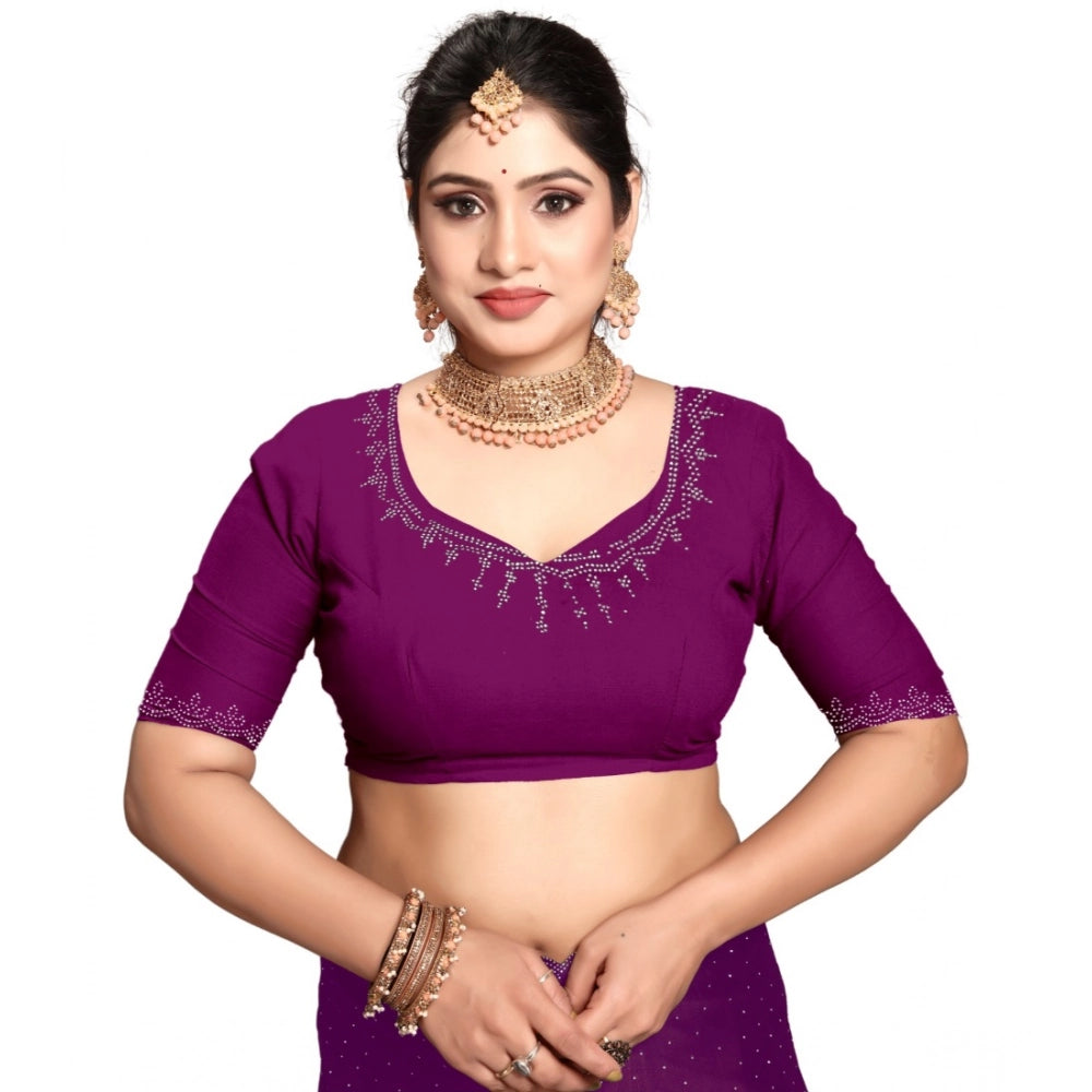 Generic Women's Georgette Satin Silk Saree With Unstitched Blouse 5.5Mtr (Wine)