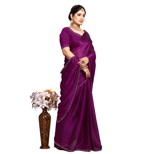 Generic Women's Georgette Satin Silk Saree With Unstitched Blouse 5.5Mtr (Wine)